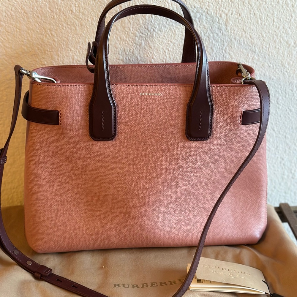 NWT BURBERRY Banner House Nova Check Pink Maroon Calfskin Leather Tote Bag Purse